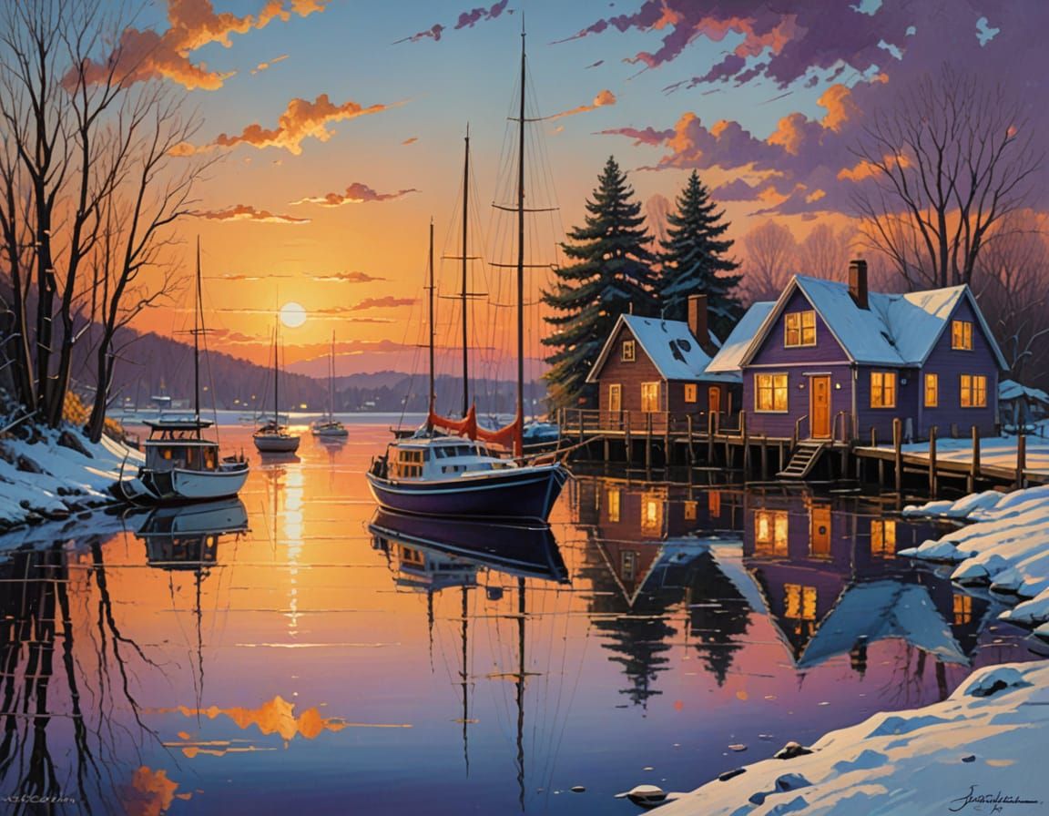 Vibrant Futuristic Kingdom at Sunset on the Lake