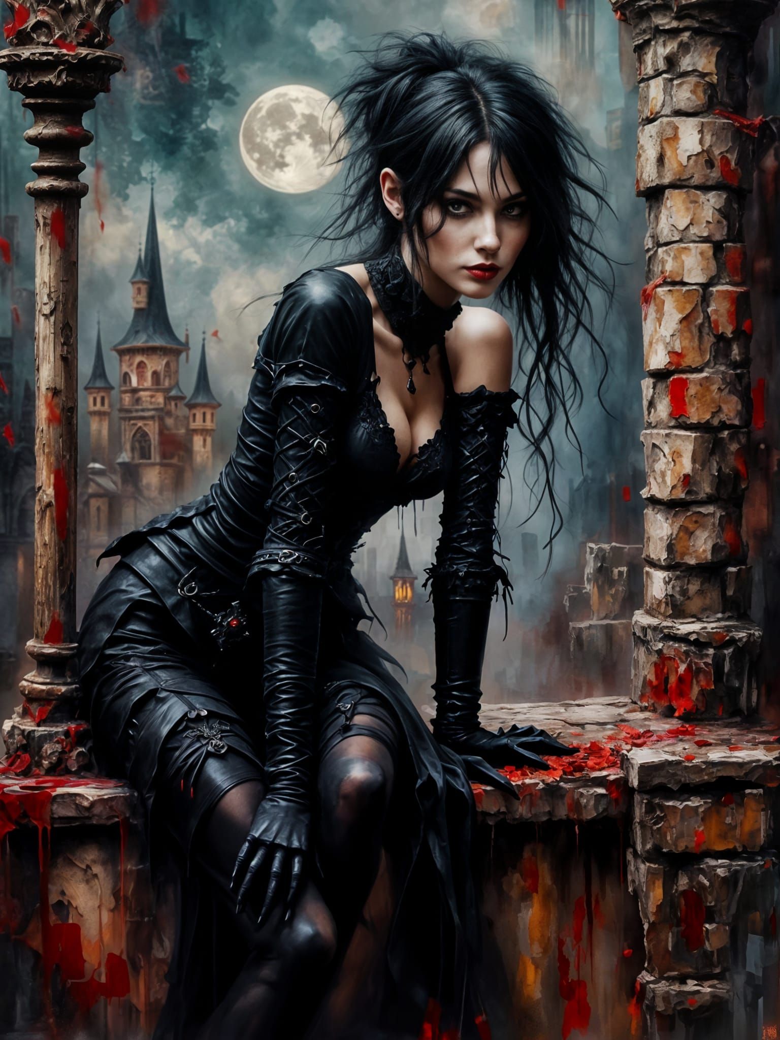 Gothic Castle with Red-Tipped Waif in Moonlight