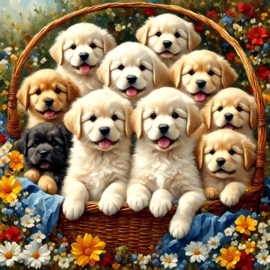 A basket filled with cute golden retriever puppies