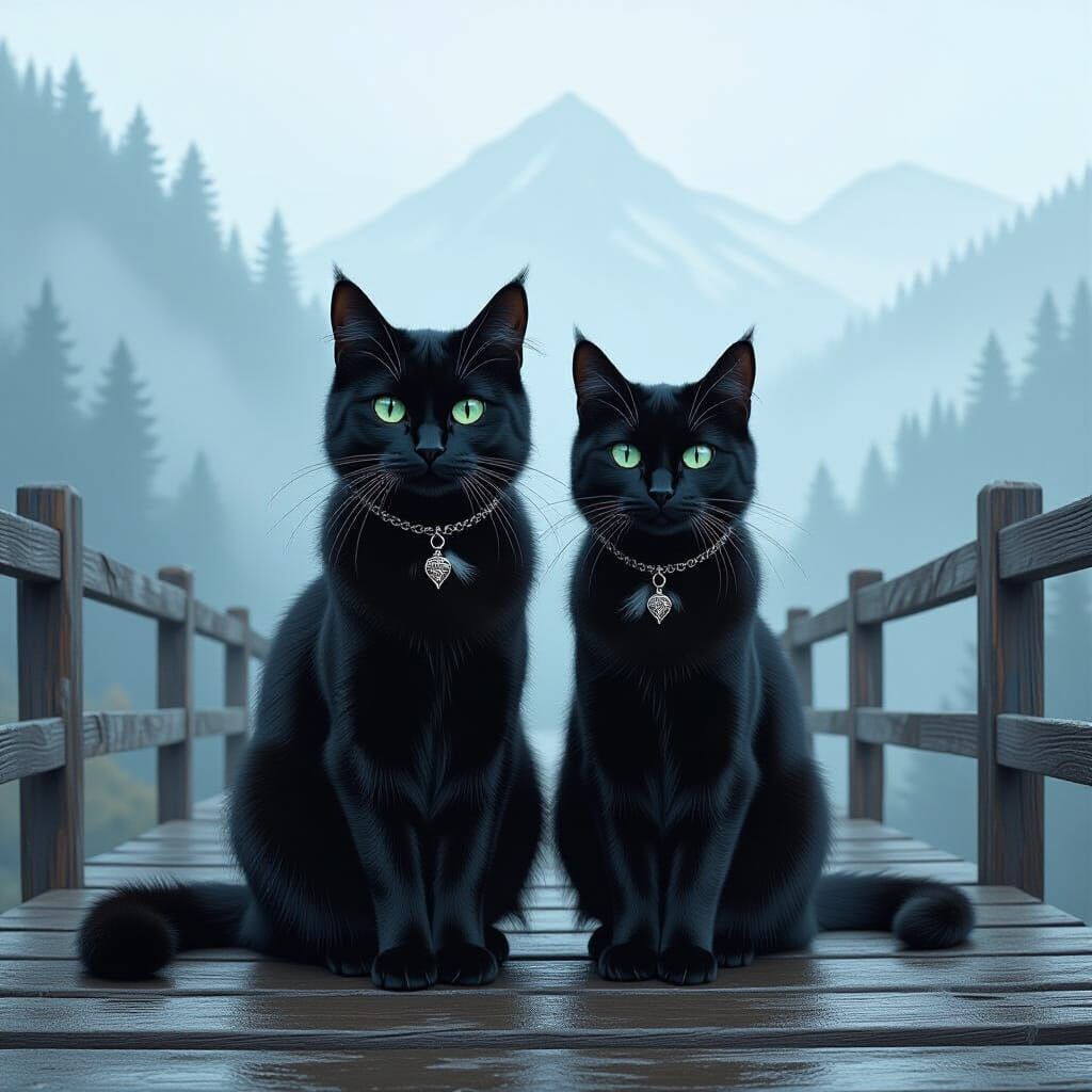 Black Moor Cats on Misty Mountain Bridge