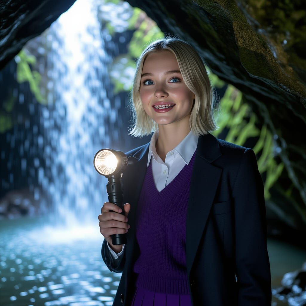 Adventurous Girl with Flashlight Under Waterfall