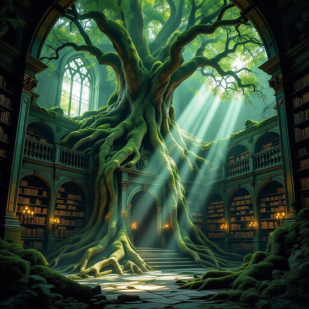 Nature Reclaims Ancient Library in Ethereal Fantasy Art
