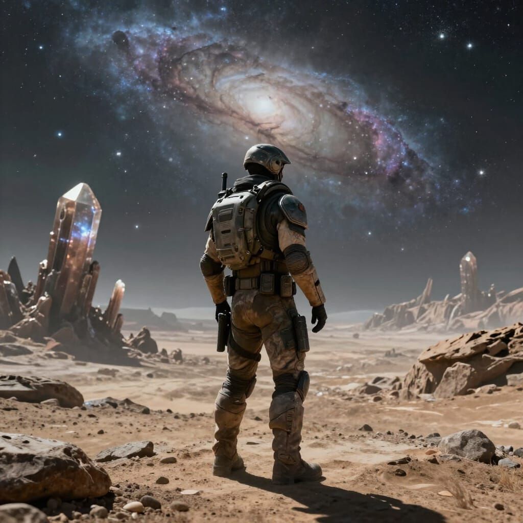 Lone Soldier on Alien Planet Gazing at Nebula Sky