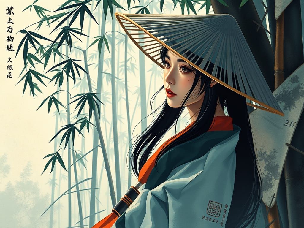 Cubist Wuxia Girl in Bamboo Grove
