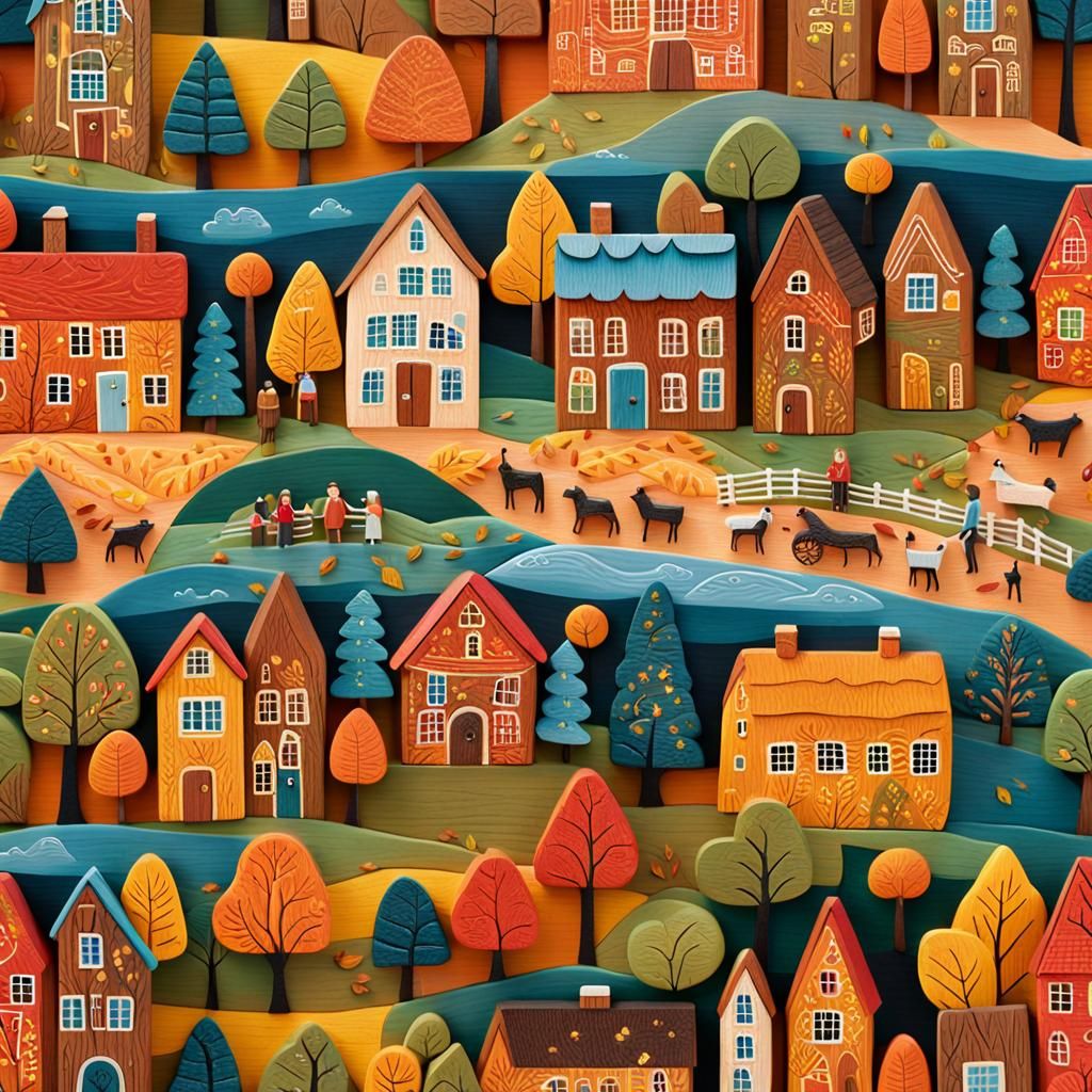 A minature folk art village crafted from wood.