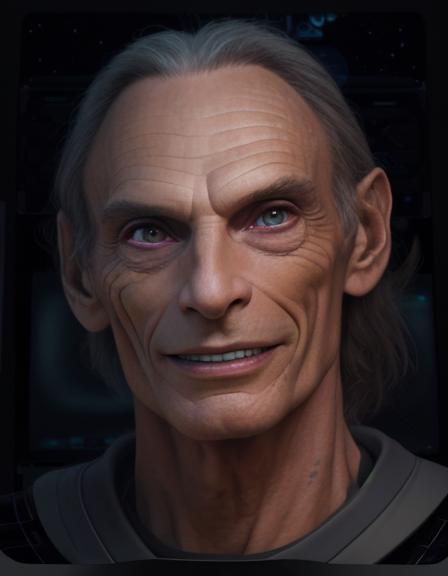 Marc Alaimo hybrid lizard, grey skin, smiling with enigmatic...