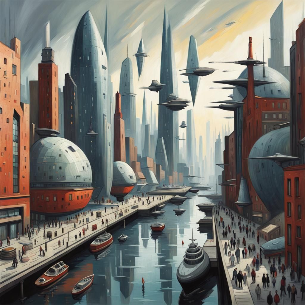 Futuristic City with Starships in Lowry Style