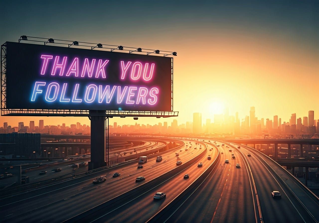 Neon Billboard on Highway at Sunset in 80s Style