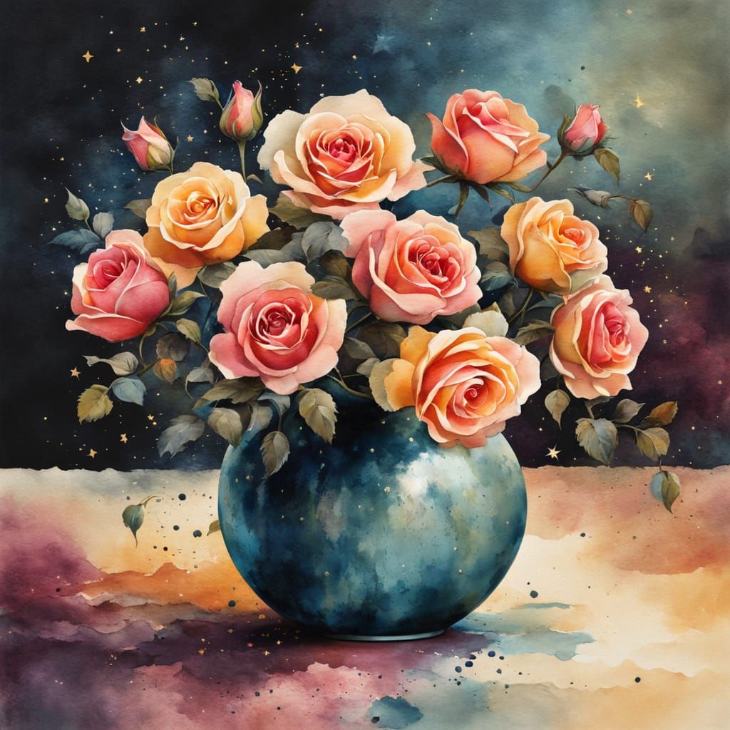 Colorful Roses in Earth Tones: Ink Painting