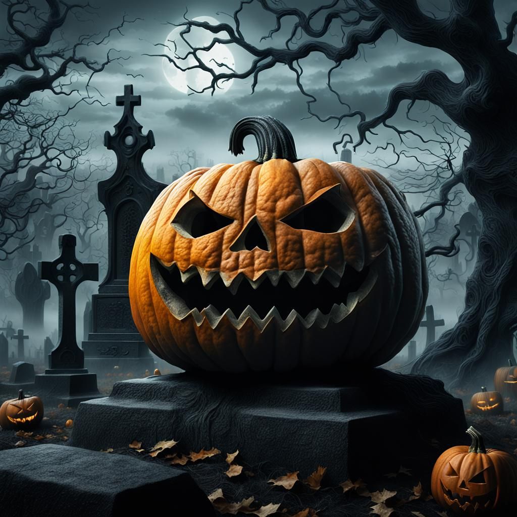 Eerie Halloween Pumpkin in Graveyard, Digital Matte Painting