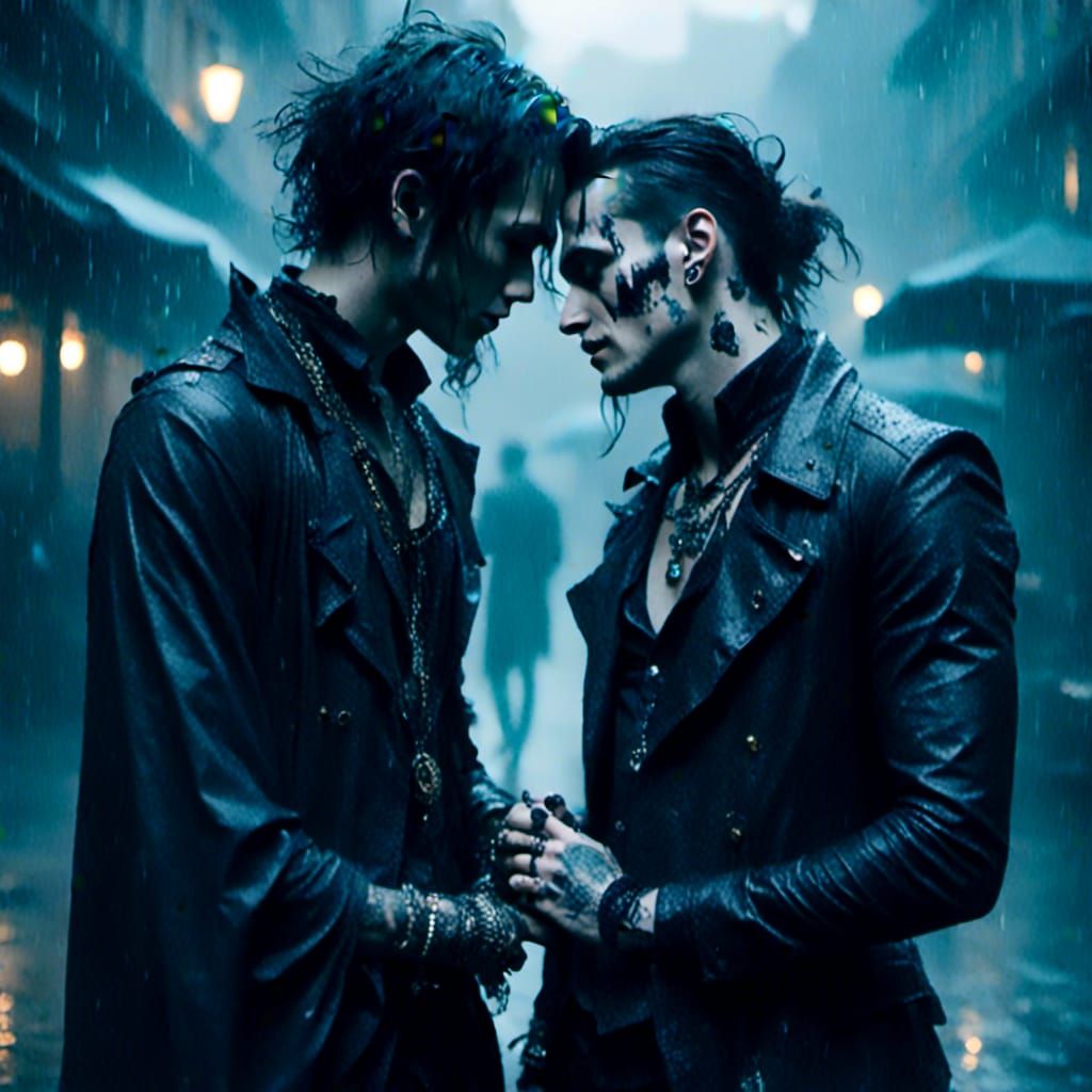 Goth Men Kissing in Rainy Macabre Fantasy