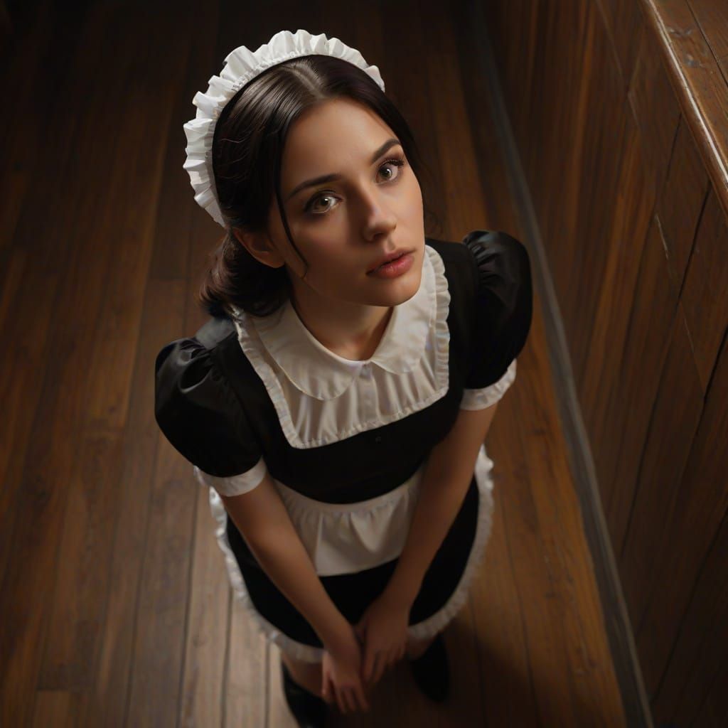 Seductive Maid Looks Up With Yearning
