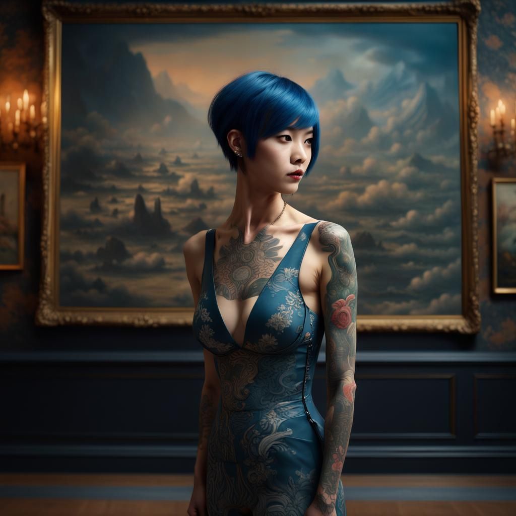 Japanese Woman Admiring Art in Museum