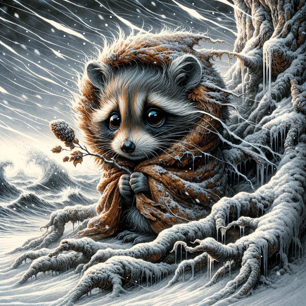 Resilient Raccoon in Blizzard: Surrealist Art