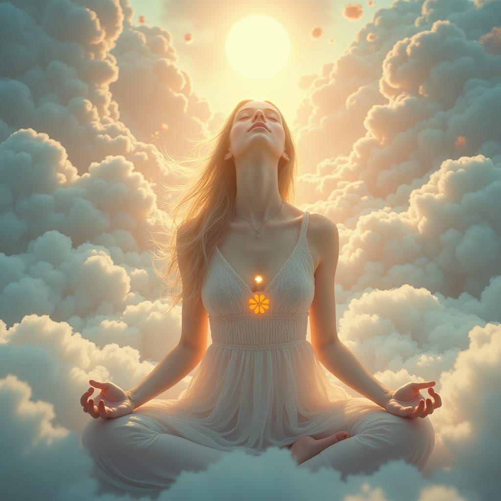 Ethereal Woman Surrounded by Luminous Chakrastones