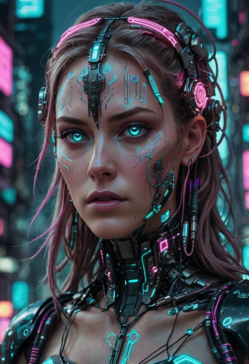 Cyber Nymph in Dystopian Cityscape: Cyberpunk Art