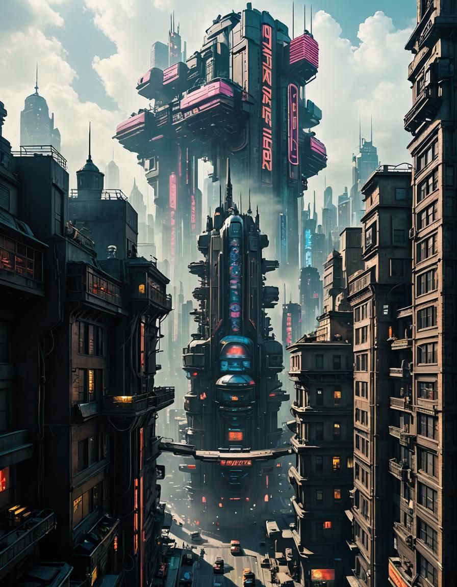 Cyberpunk Metropolis: Futuristic Cityscape with Flying Vehic...