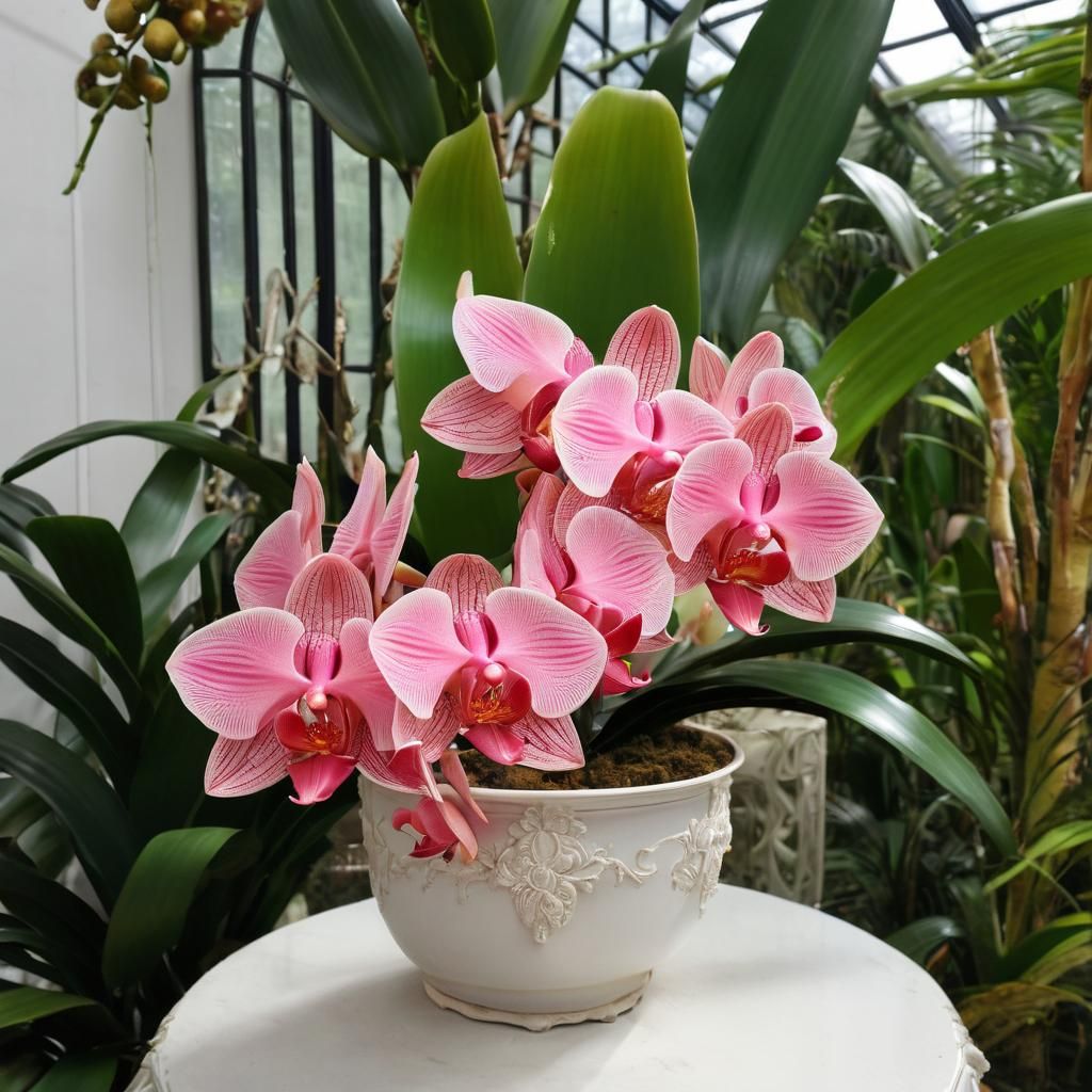 Rococo Coral Pink Orchids in Conservatory