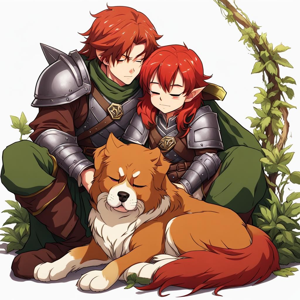 Halfling Tracker and Mastiff Cuddle in Anime Style