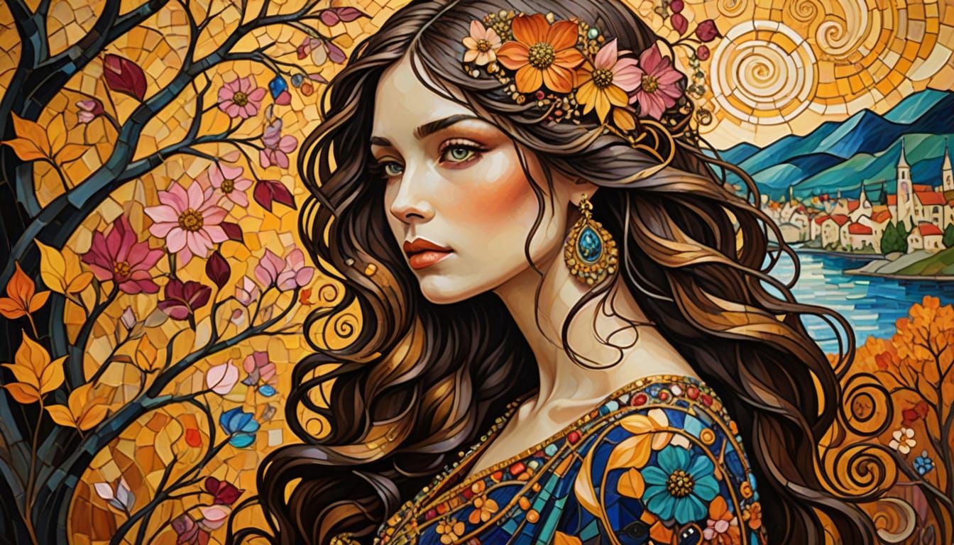 Serene Art Nouveau Beauty in a Whimsical Landscape