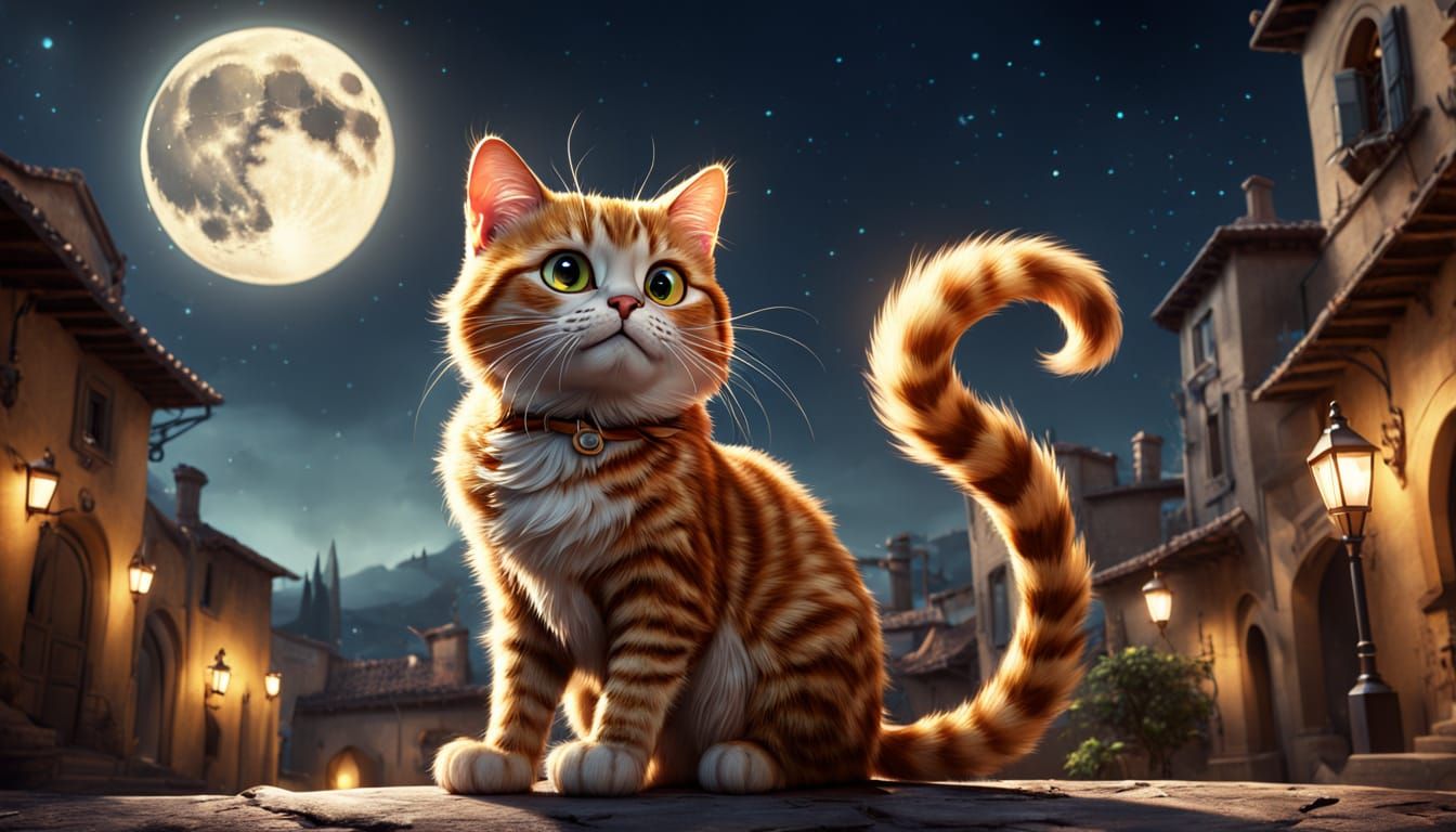 Whimsical Tuscan Night with Striped Cat Under Full Moon