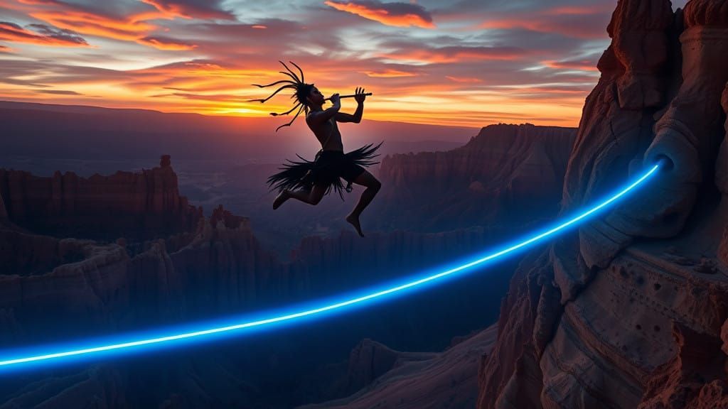 Mystical Shapeshifter Kokopelli Dances on High Wire at Bryce...