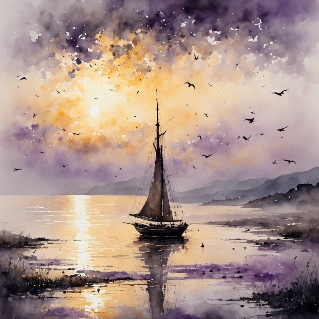 Dawn Seascape: Boat Sailing in Watercolor Style
