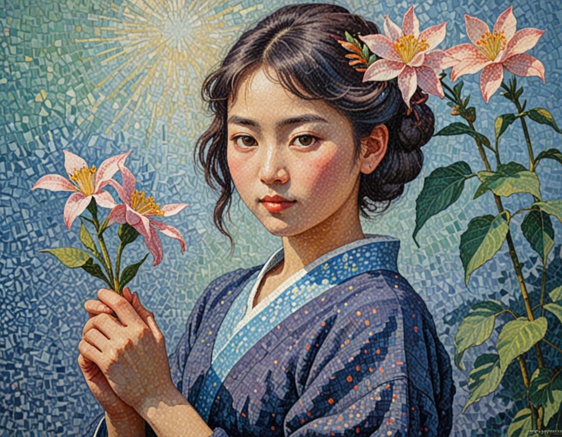 Japanese Girl in Vibrant Pointillism