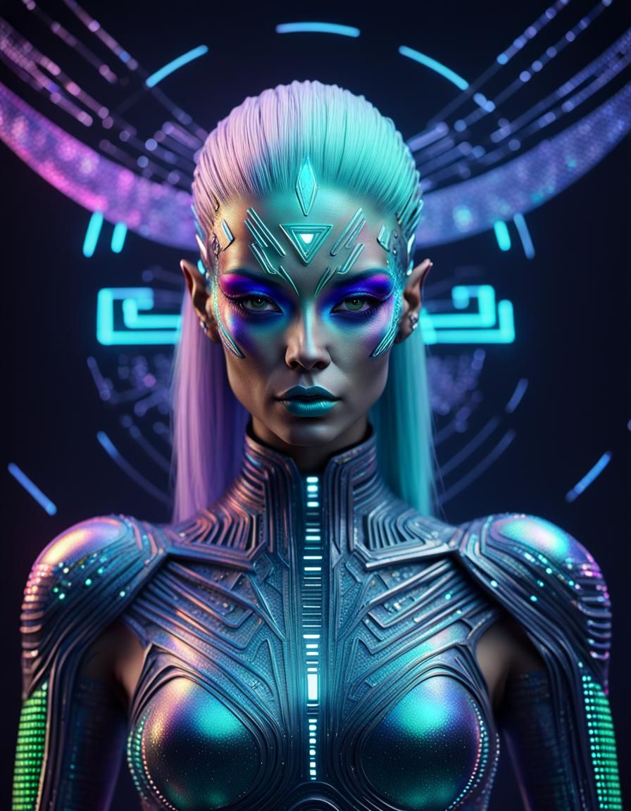 Extraterrestrial Female in ASCII Art with Iridescent Hair