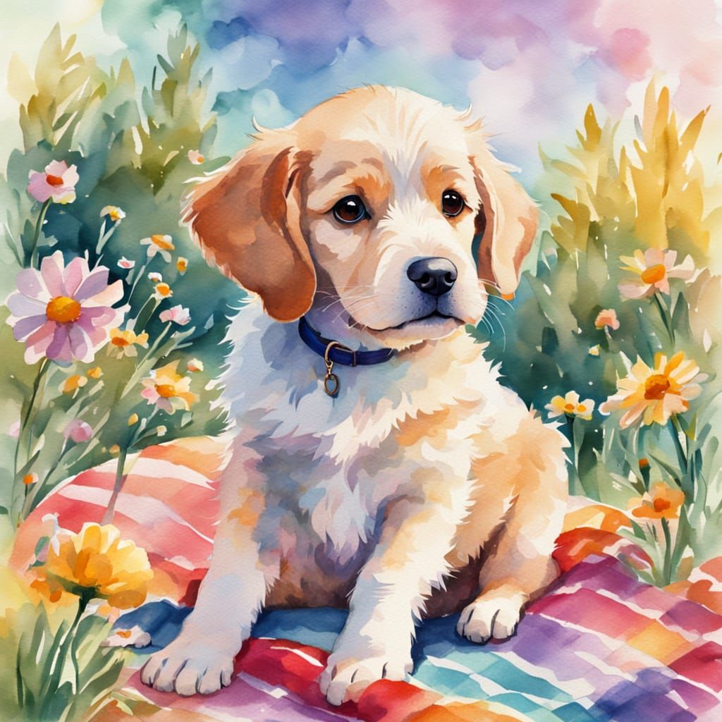Vibrant Watercolor Dog Portrait in Sunny Garden
