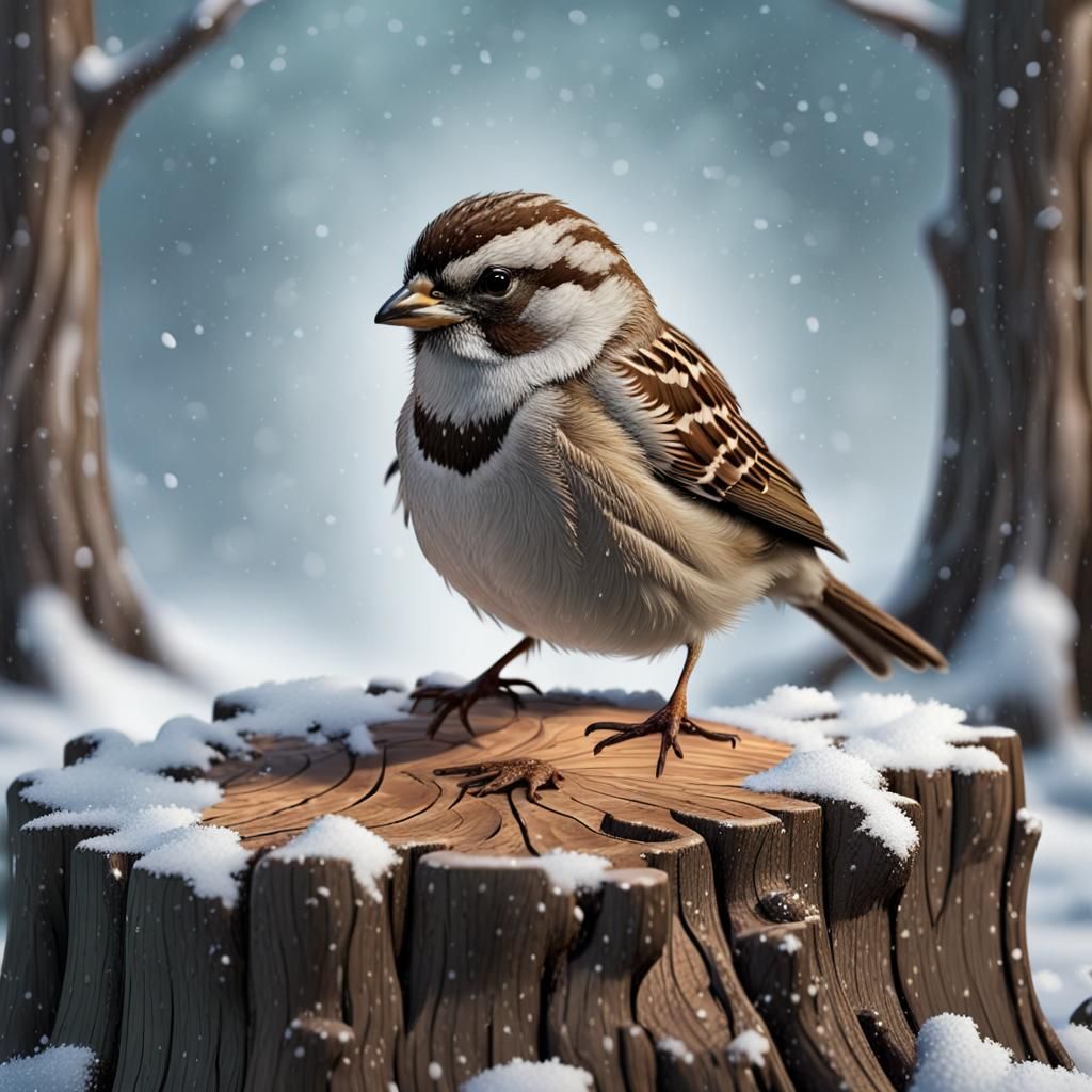 Sparrow on Snowy Stump in Hyperrealistic Splash Art