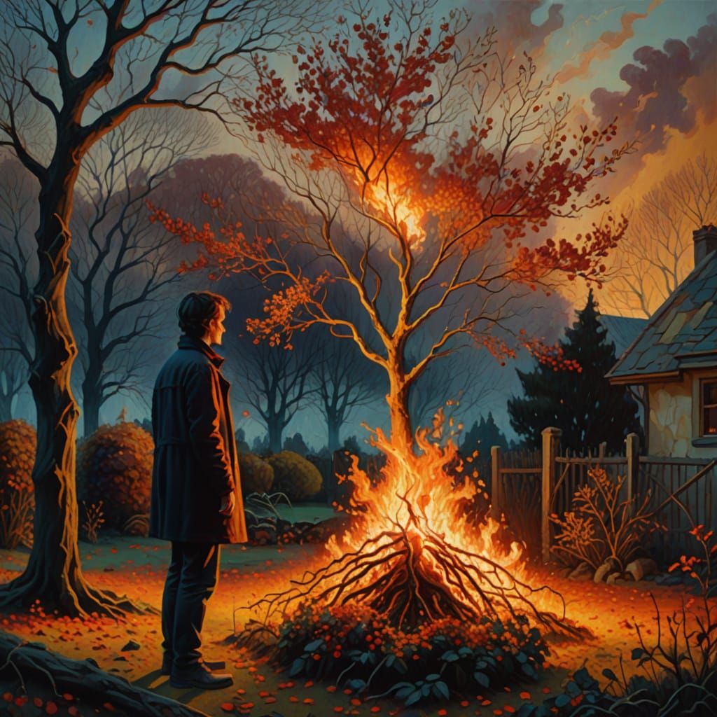 Eerie Surrealism: Rowan Fire in Autumnal Garden