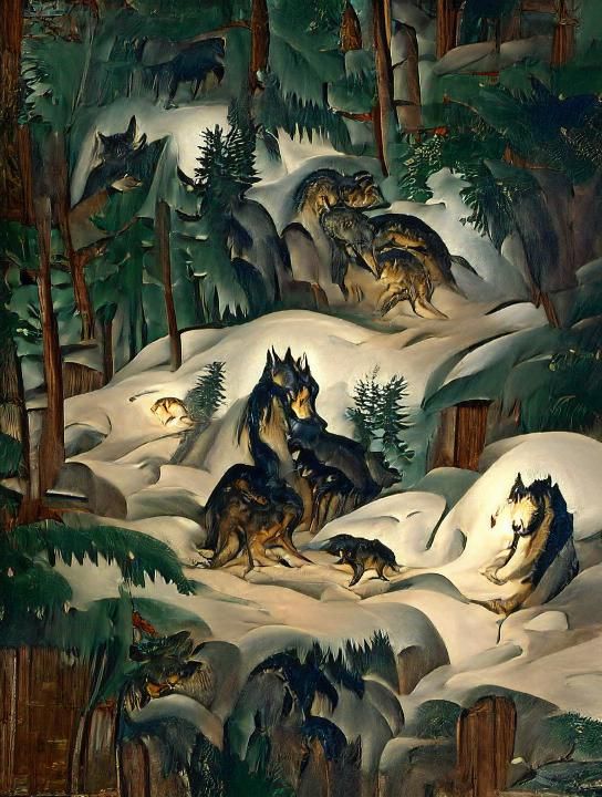 Wolves in Snowy Alpine Forest near Cabin