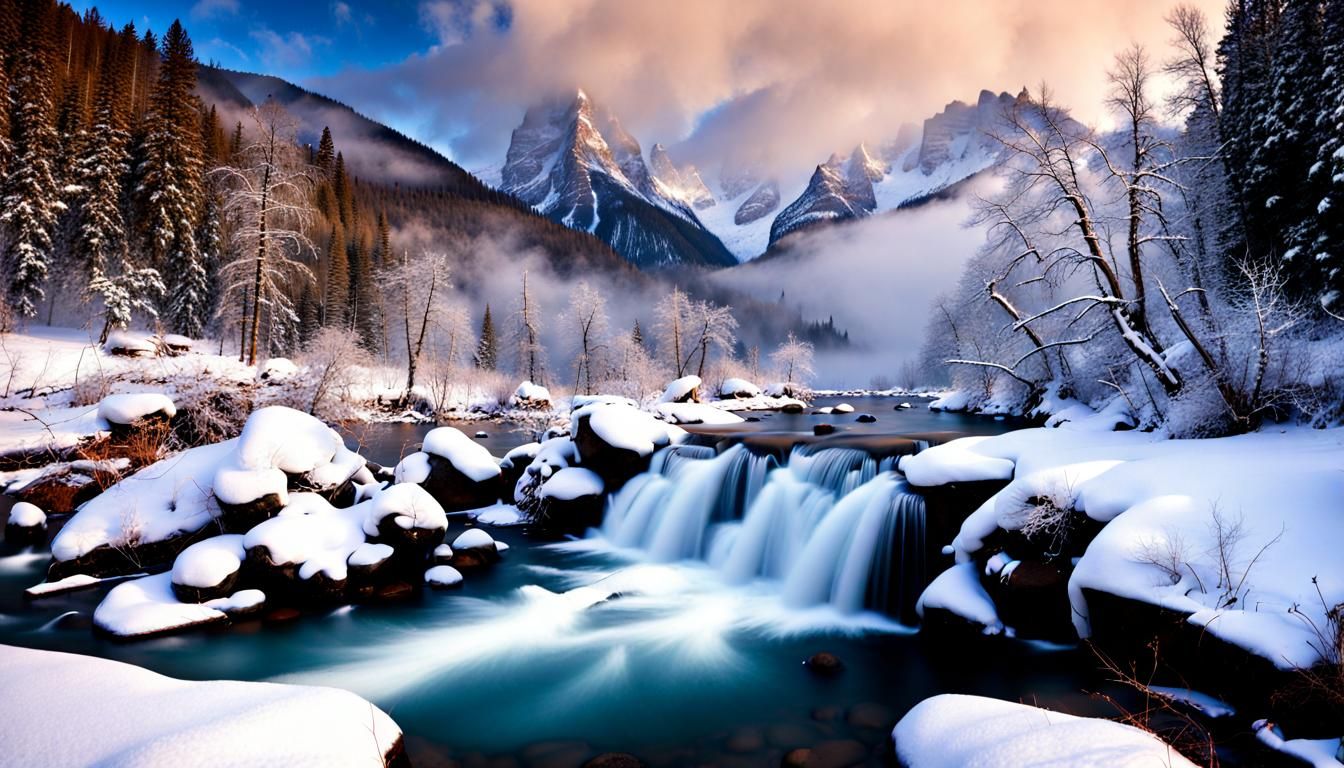 Winter Mountain River and Waterfall Scene