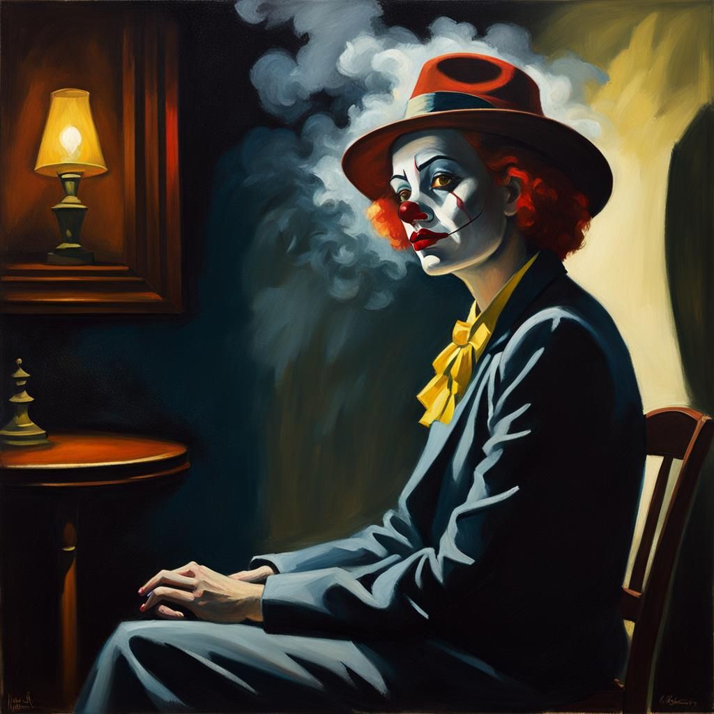 Clown in Dimly Lit Room, Hopper-esque Oil Painting
