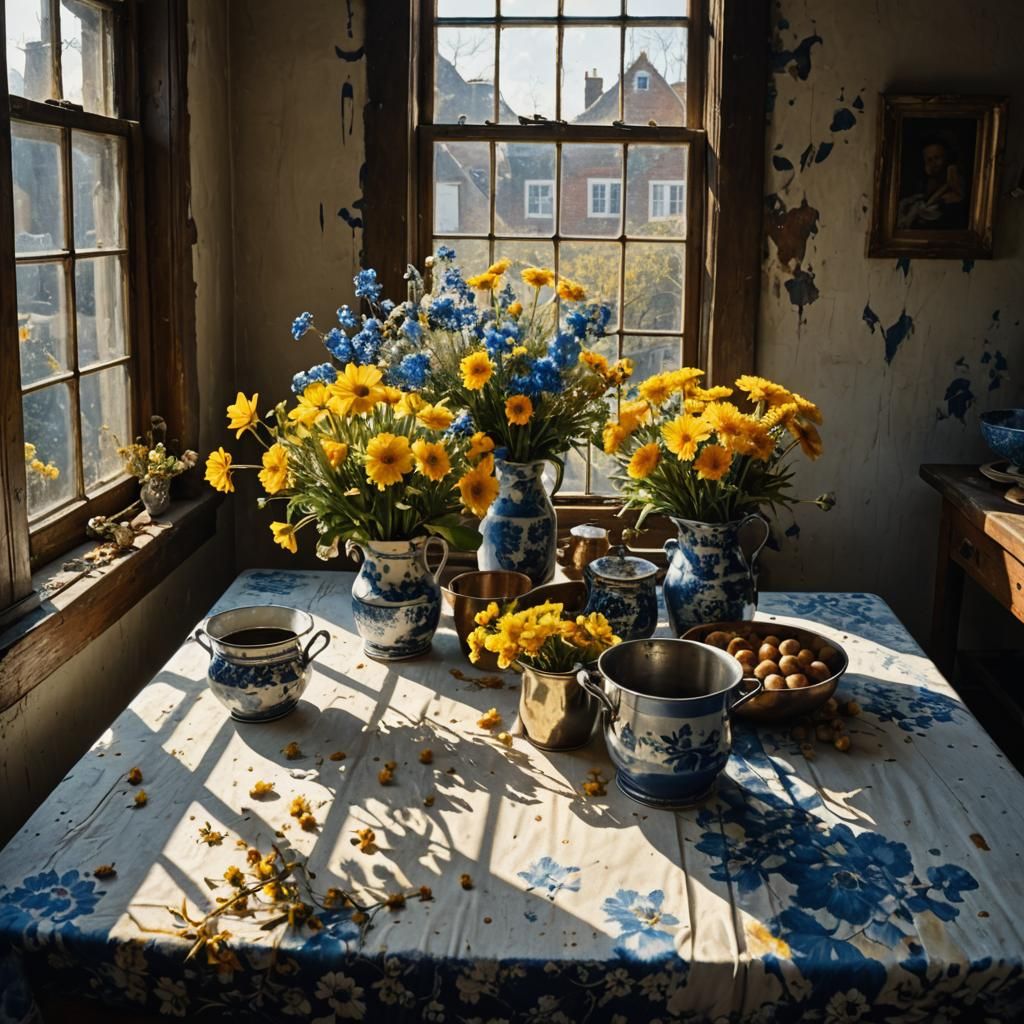 Dried Flowers Still Life Inspired by Pollock and Vermeer