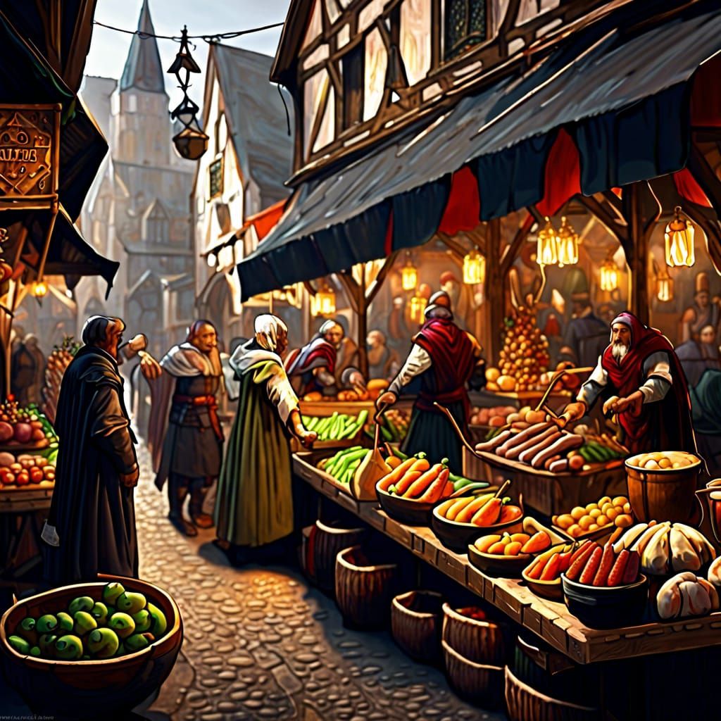 Vibrant Medieval Market Scene in Dark Fantasy Style