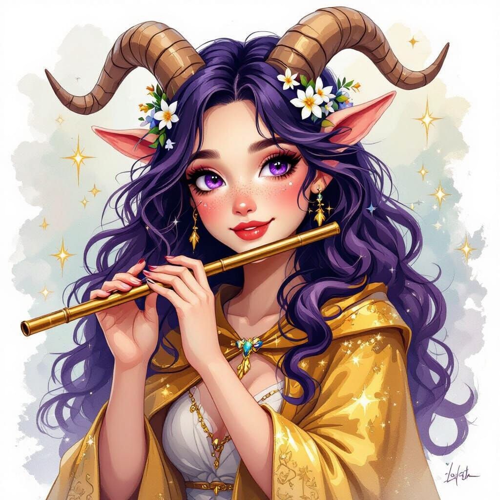 Satyr Woman Playing Flute in Watercolor Style