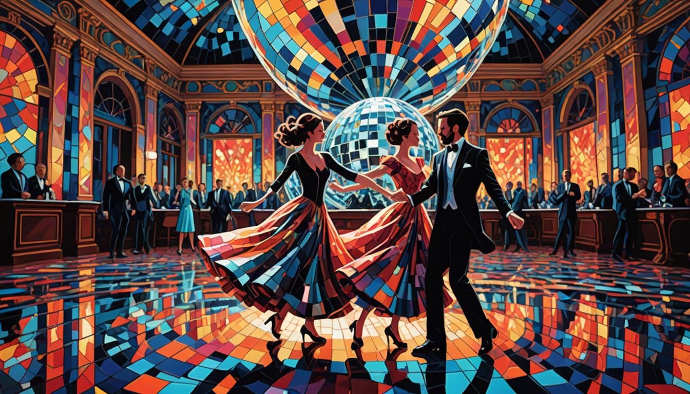 Elegant Figures Dancing in a Neon Ballroom