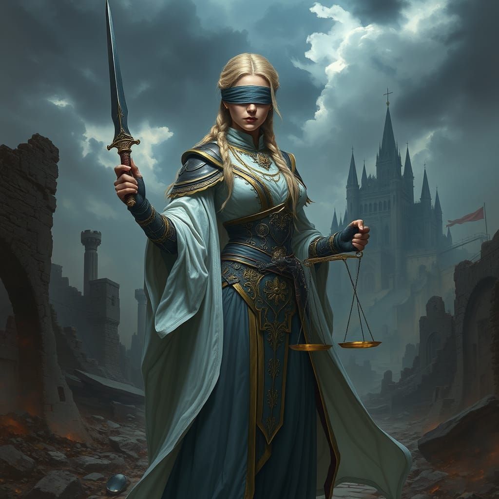 Fantasy Art: Blindfolded Woman with Sword and Scales
