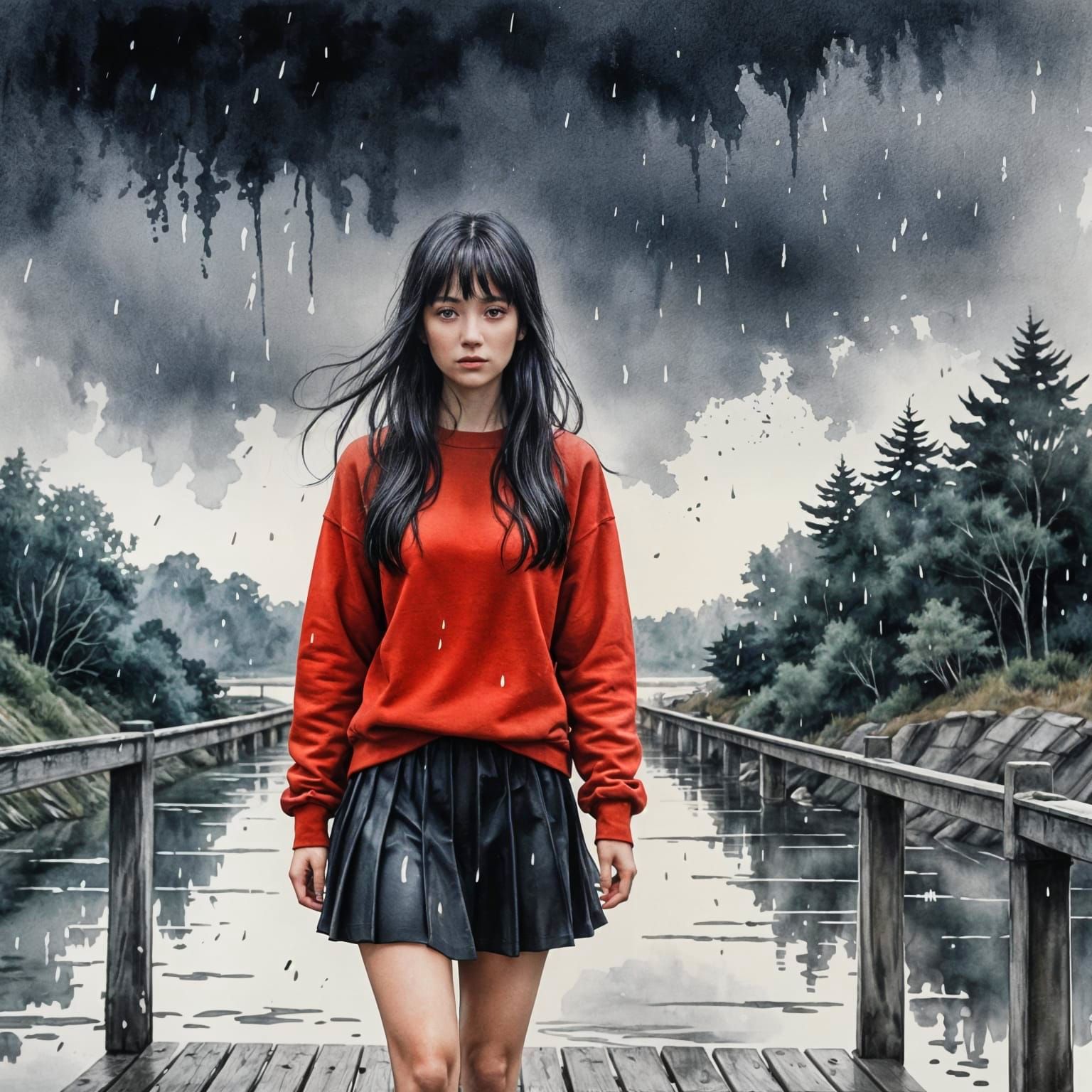 Watercolor Ink Drawing of Woman in the Rain