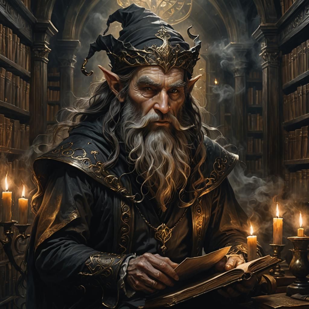 Dark Academia Elf Wizard in Ancient Library