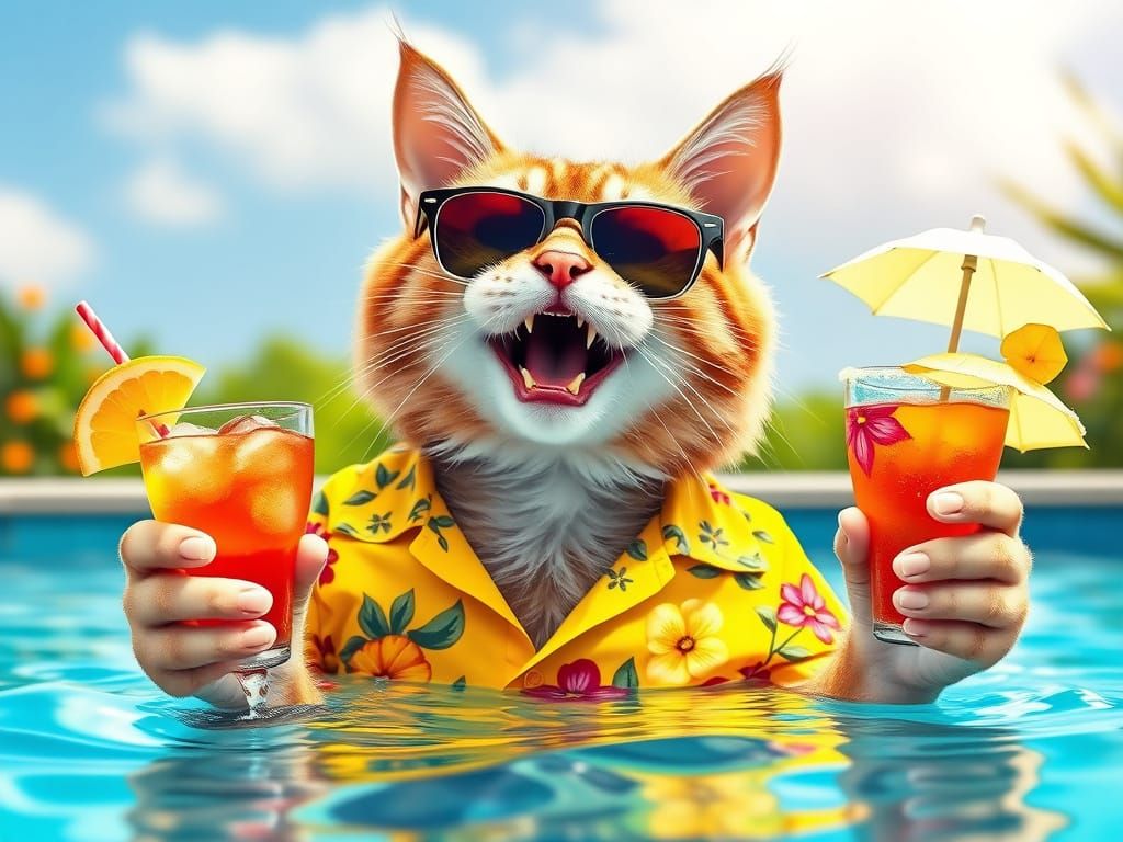 Cat in Sunglasses Enjoys Cocktail in Pool