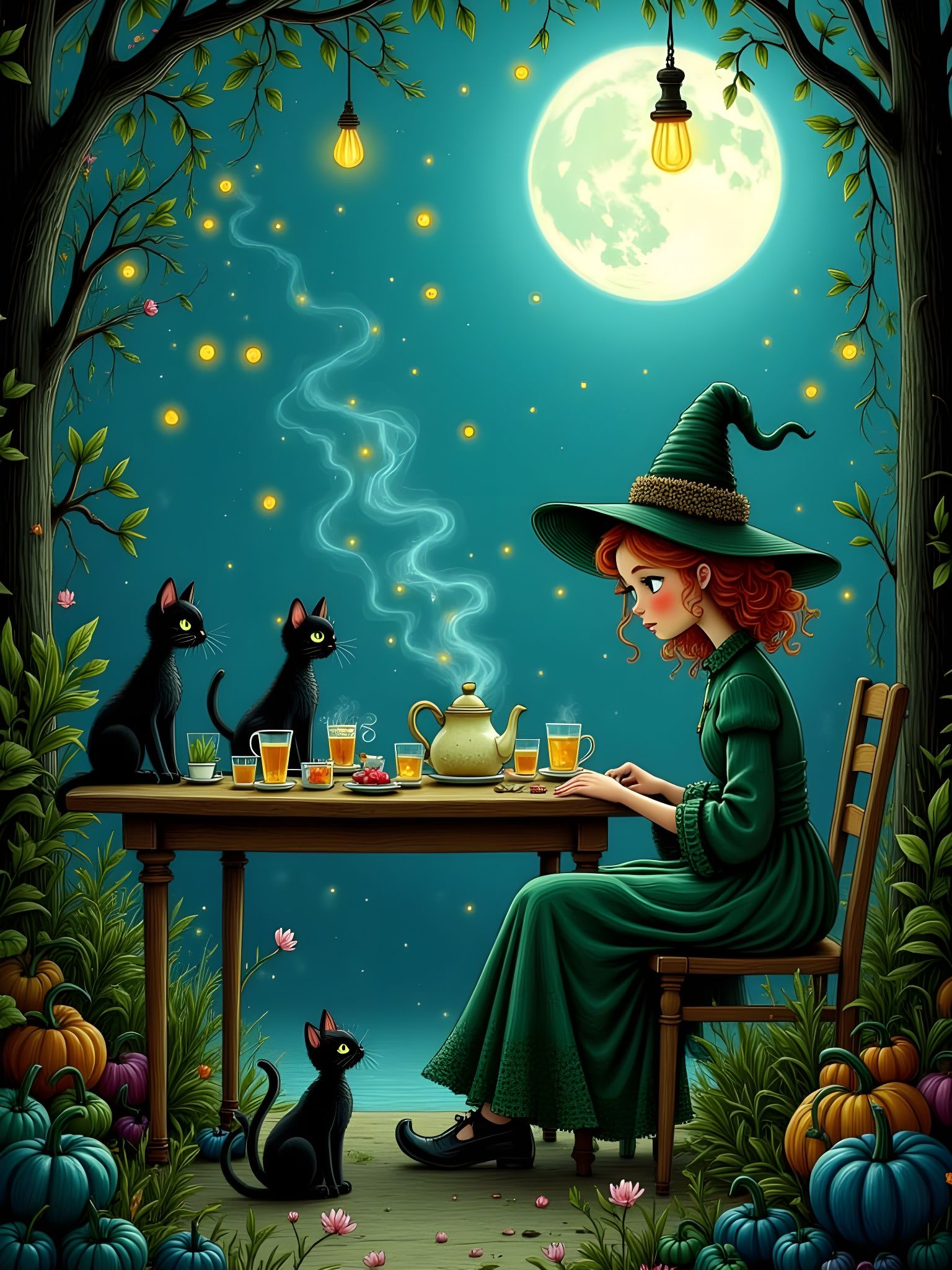 Witchy Tea Party Under Full Moon in Blue Light
