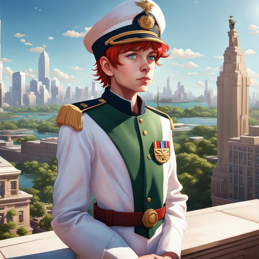 Federated Planets ensign, boy, 10, Federated Fleet academy, white and green uniform, student hat. Modern city in dayligh...