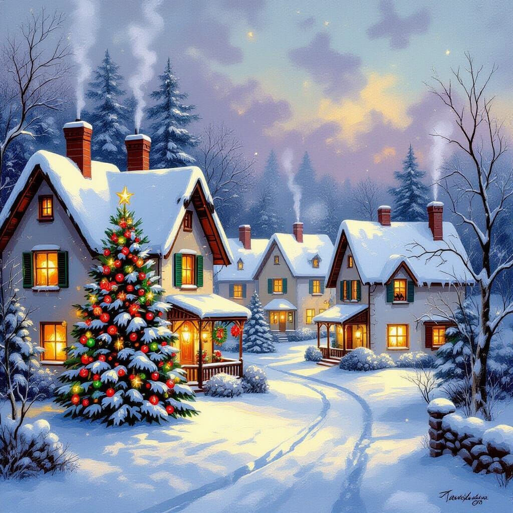 Cozy Christmas Village in Kinkade Style