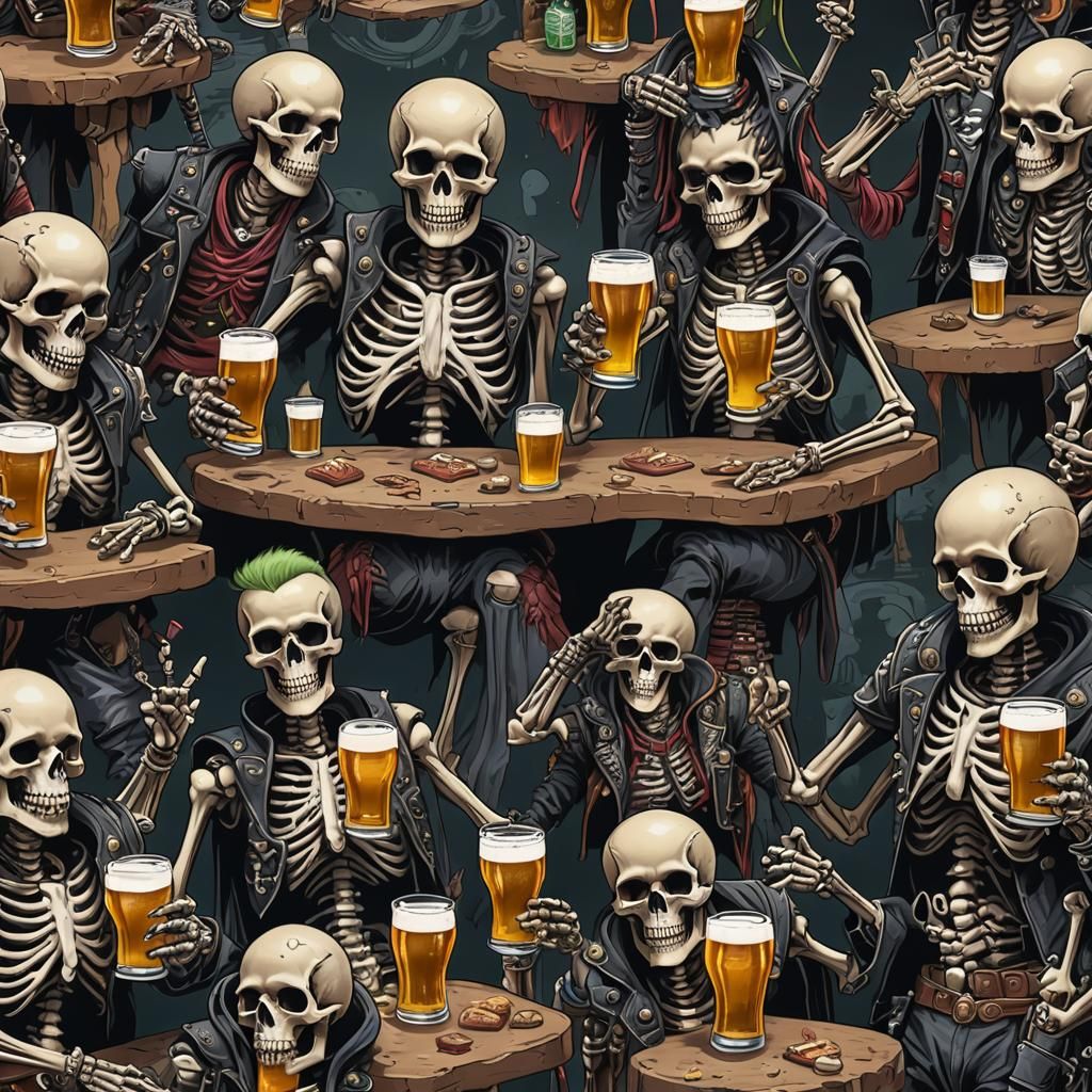 Skeletons in Punk Rock Outfits Drinking Beer