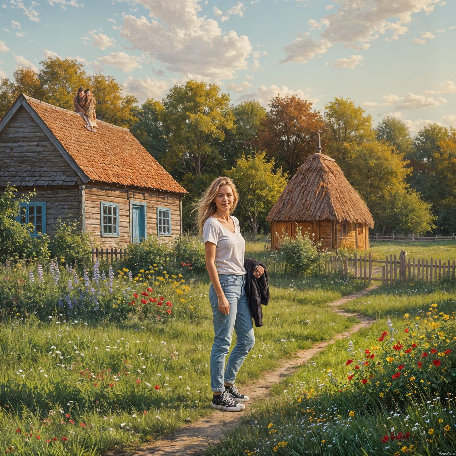 Woman in Pastoral Scene with Cottage and Haystack