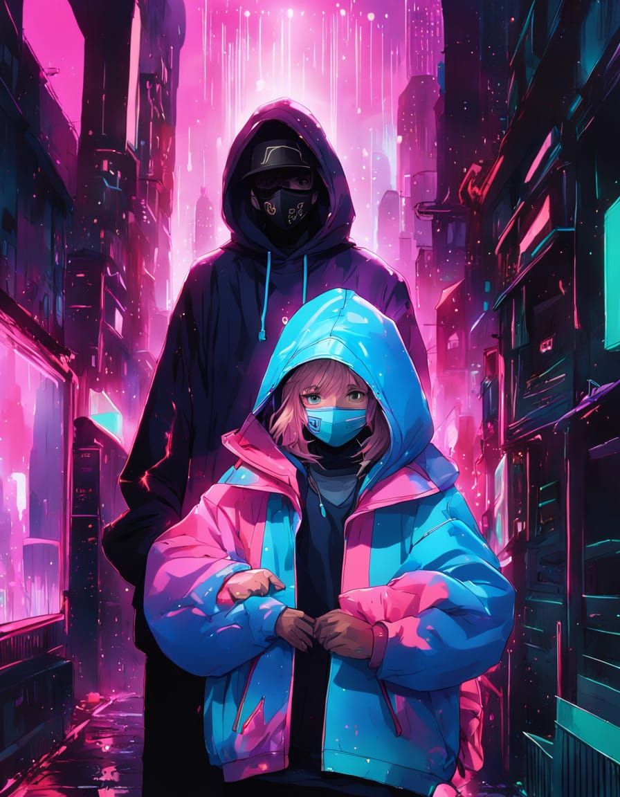 Anime Couple Embracing in Neon Futuristic Cityscape