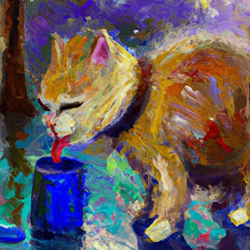 Cat Drinking Water as Expressionist Oil Painting